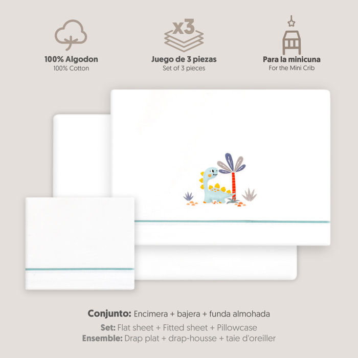 Triptico Minicuna Estampado Dinosaurio Palmera Bco/Verde