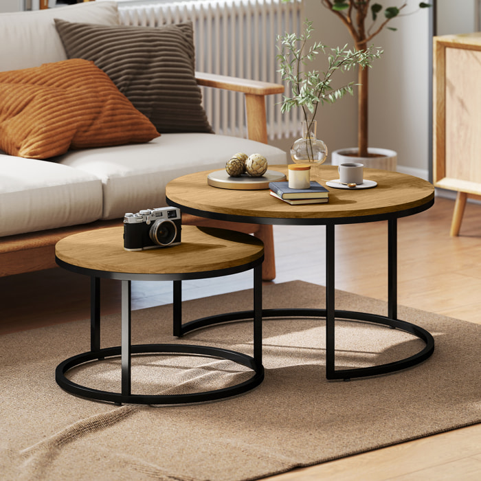 Lot de 2 tables basses rondes gigognes empilables piètement acier plateau effet bois chêne moyen
