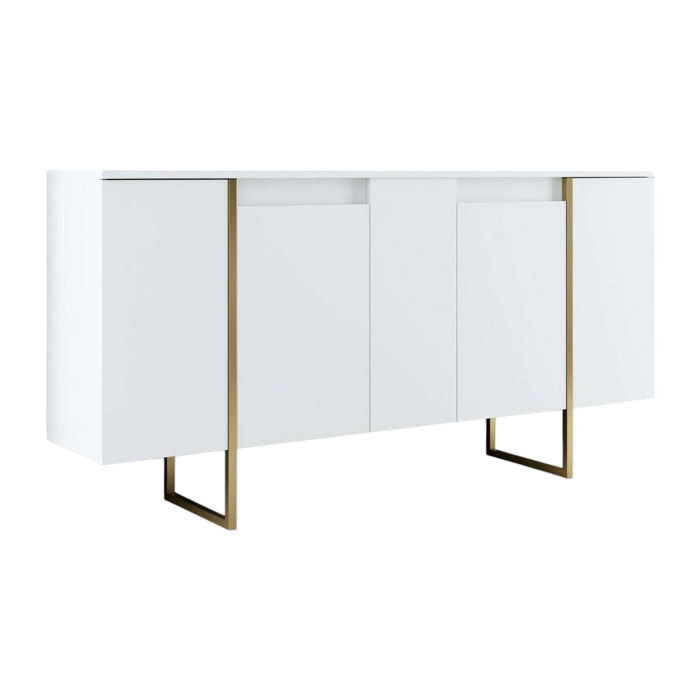 Credenza Arta, Buffet da soggiorno, Madia da salotto, Dispensa da cucina, 160x35h80 cm, Bianco e Oro