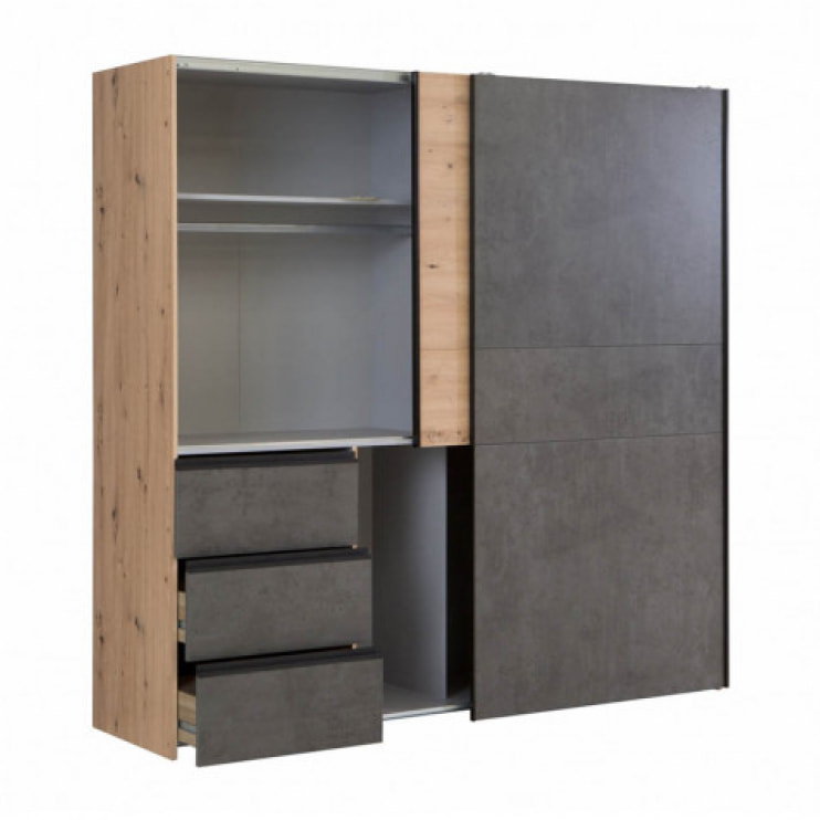 Armoire portes coulissantes 3 tiroirs bois L200 cm - 2 coloris - LOOKY