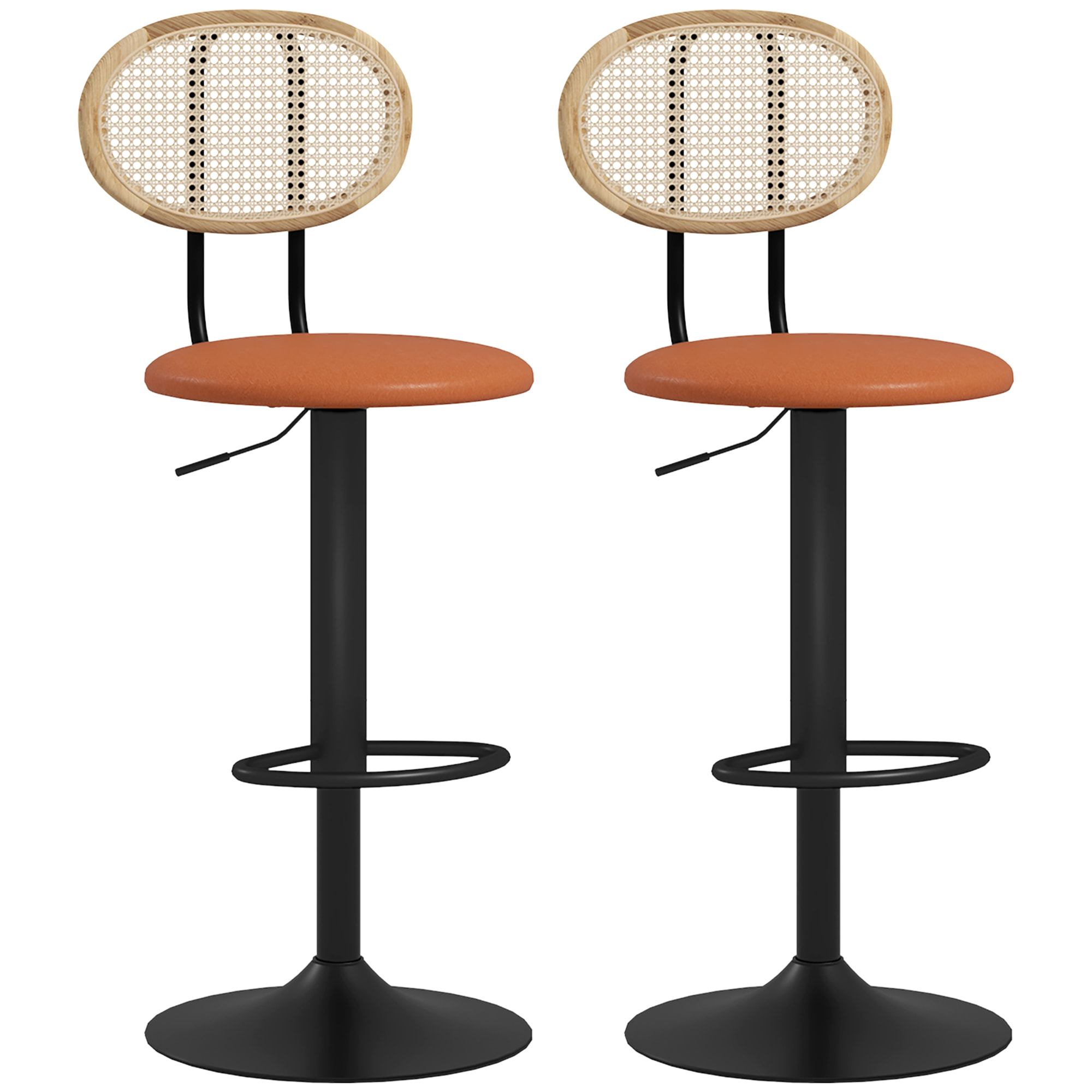 Lot de 2 tabourets de bar design néo-rétro - hauteur réglable, pivotant - acier PU rotin