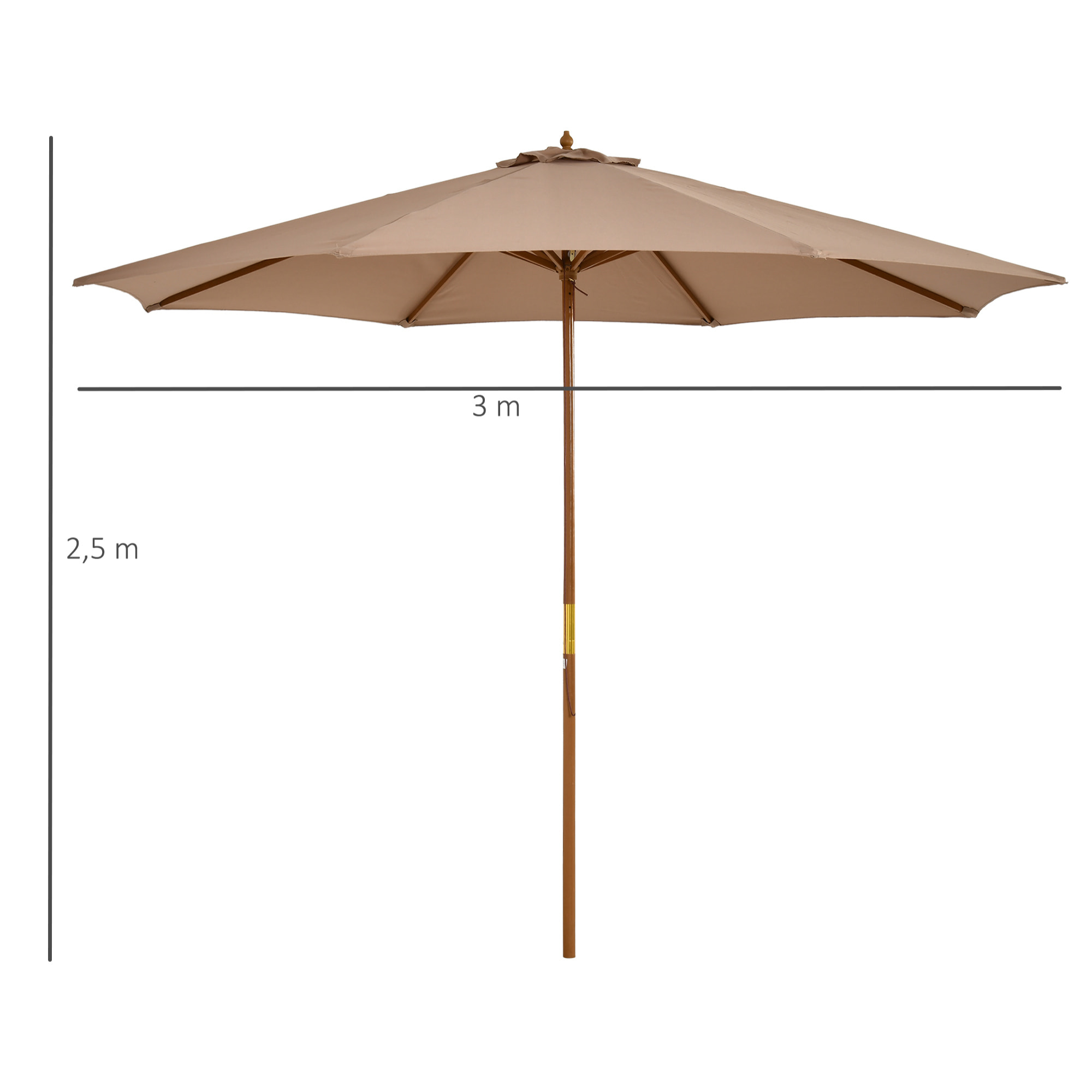 Sombrilla Terraza Exterior Ø300 cm Sombrilla de Jardín con Sistema de Polea Techo Ventilado y Poste Desmontable de Madera Parasol para Patio Terraza Caqui