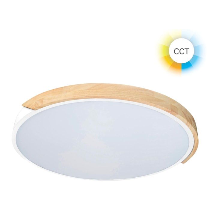 Forlight - Plafón LED 64W Regulable, Luz Ajustable 3000K-6000K, Diseño Moderno Blanco y Madera, Diámetro 61 cm, Ideal para Interiores Acogedores y Luminosos
