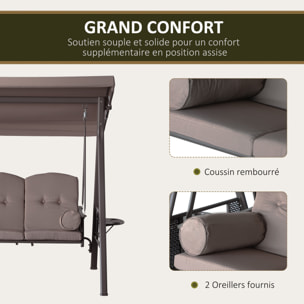 Balancelle de jardin 3 places grand confort toit inclinaison réglable coussins plateaux rétractables polyester filé marron