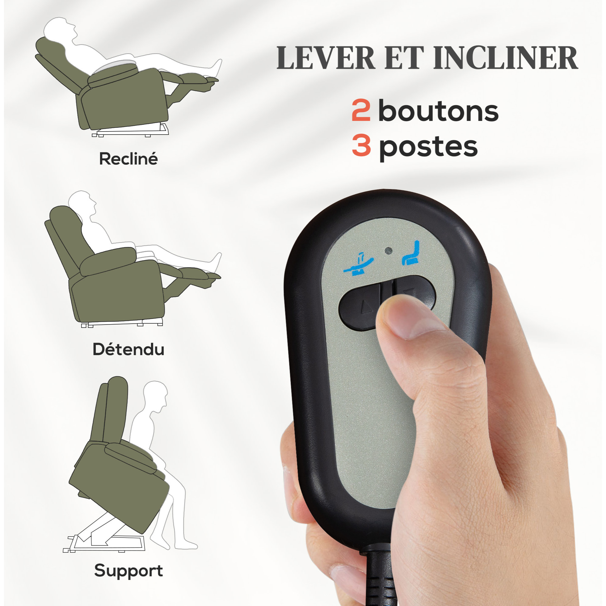 Fauteuil releveur électrique massant chauffant inclinable - repose-pied intégré, 2 télécommandes - tissu vert