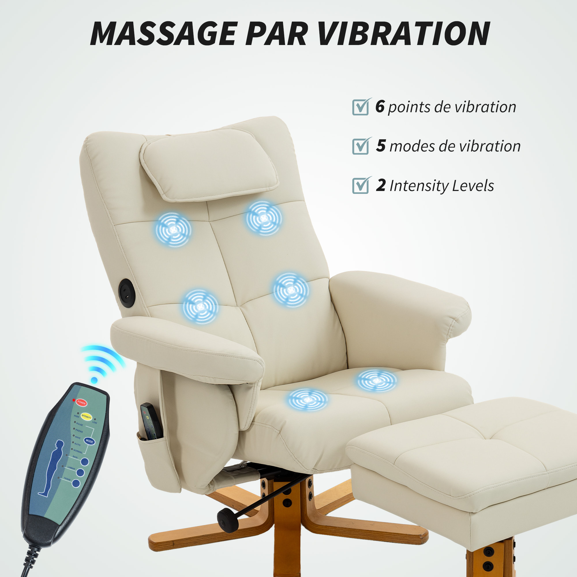 Ensemble fauteuil massant repose-pieds design Chesterfield - inclinable - coffre - tétière - blanc cassé
