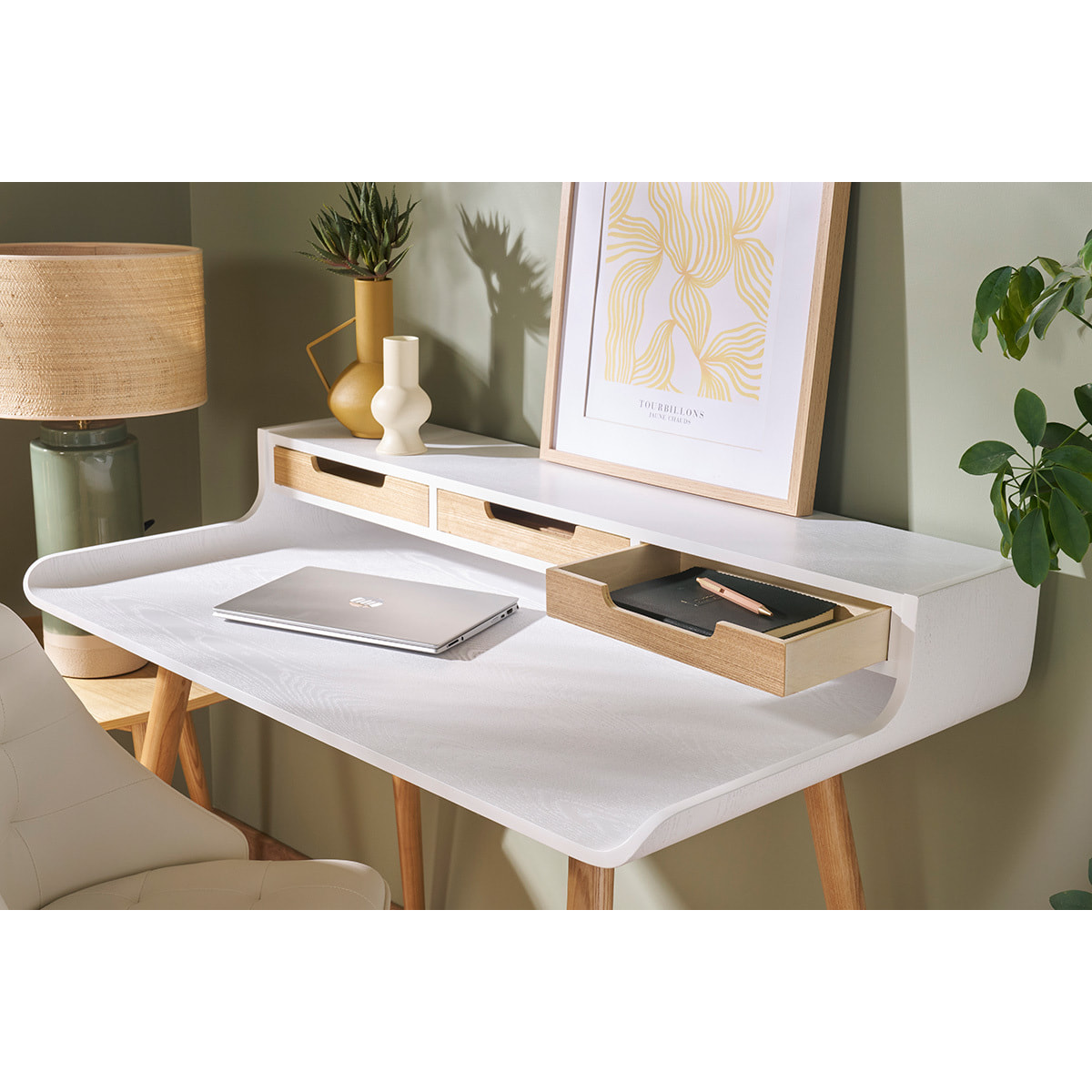 Bureau avec rangements scandinave bois clair et blanc L110 cm OPUS