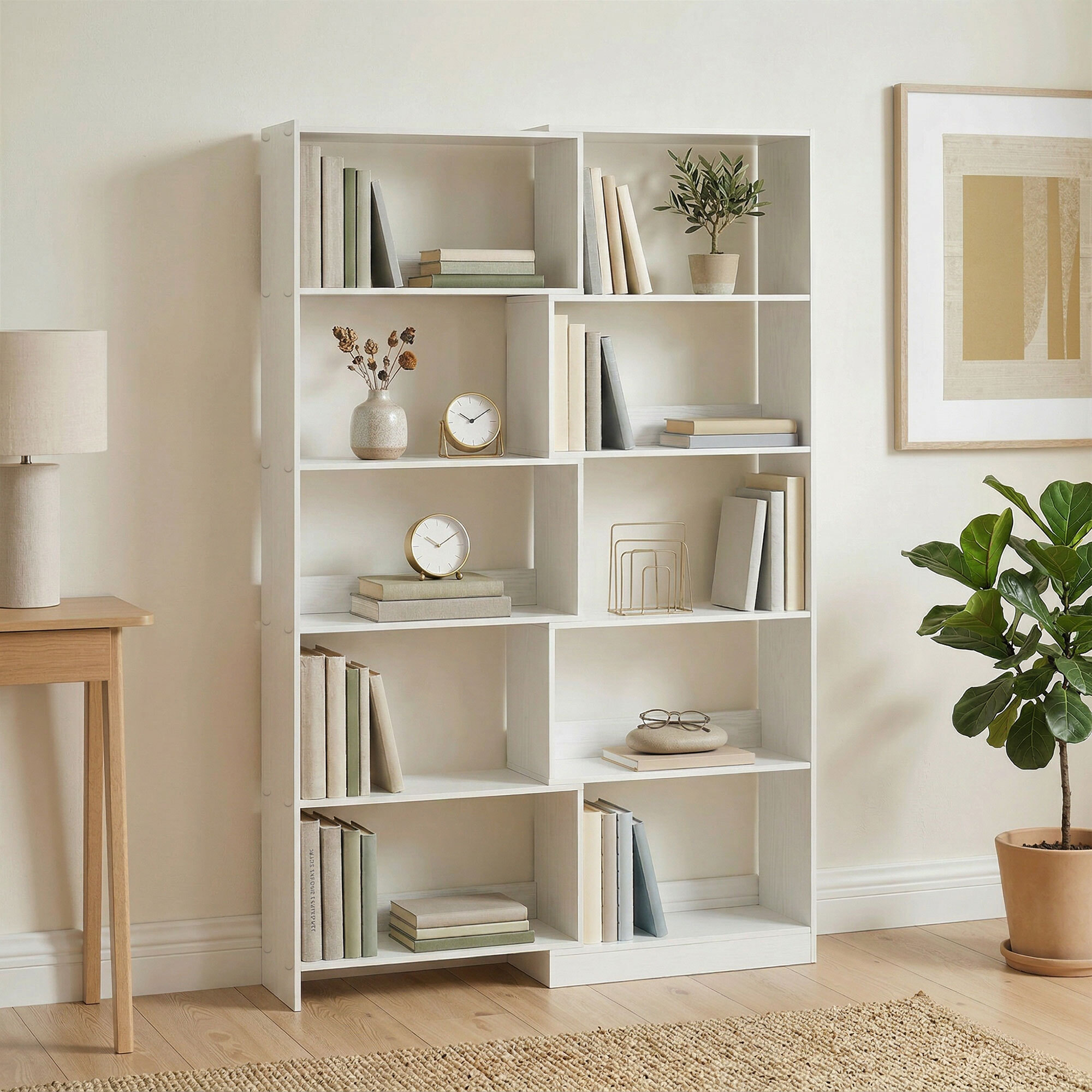 Estantería Expandible 5 Niveles, Librería para Libros Giratoria 350°, Ancho Ajustable, Convertible en en L, Recta o Compacta para Salón, Dormitorio, Estudio 111,5x23,8x163,7 cm Blanco