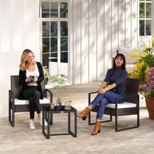 Conjunto de Jardín Exterior de 3 Piezas Juego de 2 Sillas y Mesa de Ratán con Cojines Acolchados y Encimera de Vidrio para Balcón Terraza Marrón