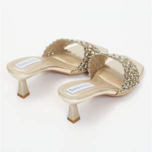 Sandali in simil pelle con tacco a rocchetto e fascia gioiello