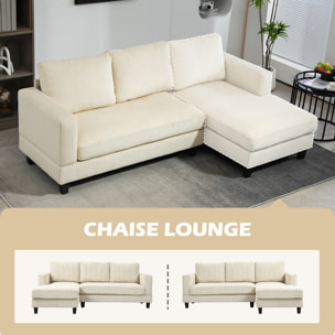 Sofá Chaise Longue, Sofá de 3 Plazas en Forma de L, Tapizado en Pana, Asiento y Respaldo Acolchados, para Salón, 214x134x87 cm, Beige