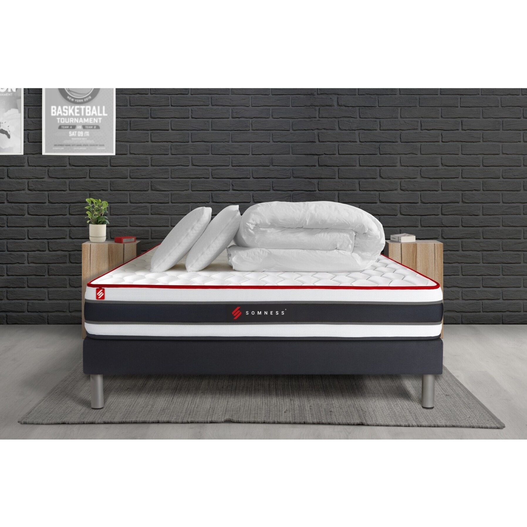 Pack matelas ENERGY + sommier noir + Couette + 2 oreillers