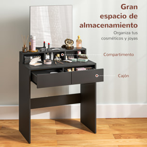 Tocador de Maquillaje con Espejo, Tocador con 2 Cajones, 3 Compartimentos Abiertos, Mesa de Maquillaje para Espacios Pequeños, Dormitorio, Negro
