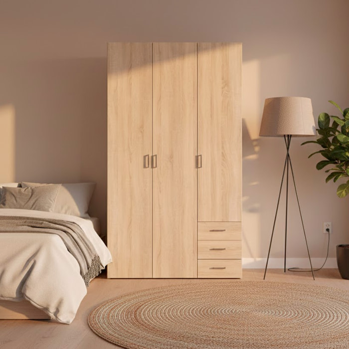 Armadio Con 3 Ante E 3 Cassetti Multiuso Per Abiti Indumenti Design Moderno Capiente Vano Appendiabiti Ripiani Interni 115.8 x 49.5 x 200.4 Cm Rovere