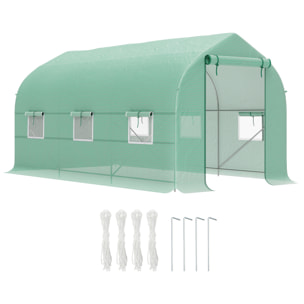 Serre tunnel de jardin 8 m² - 2 portes, 6 fenêtres - métal galvanisé bâche PE vert