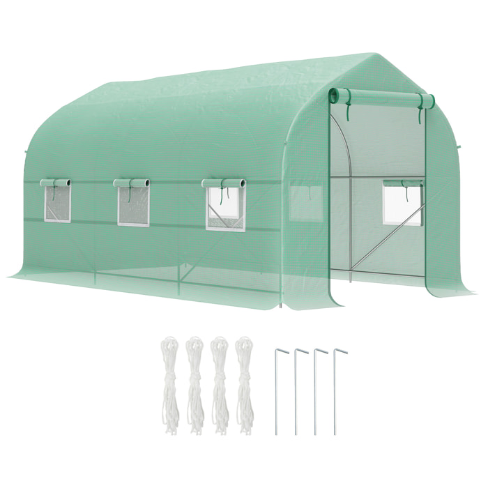 Serre tunnel de jardin 8 m² - 2 portes, 6 fenêtres - métal galvanisé bâche PE vert