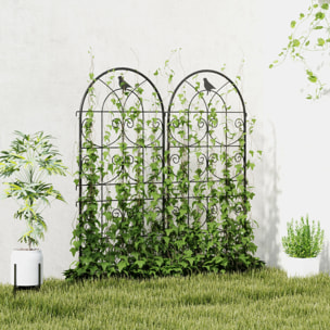 Treillis de jardin effet fer forgé oiseau - 2 supports plantes grimpantes - 50 x 120 cm - métal époxy noir