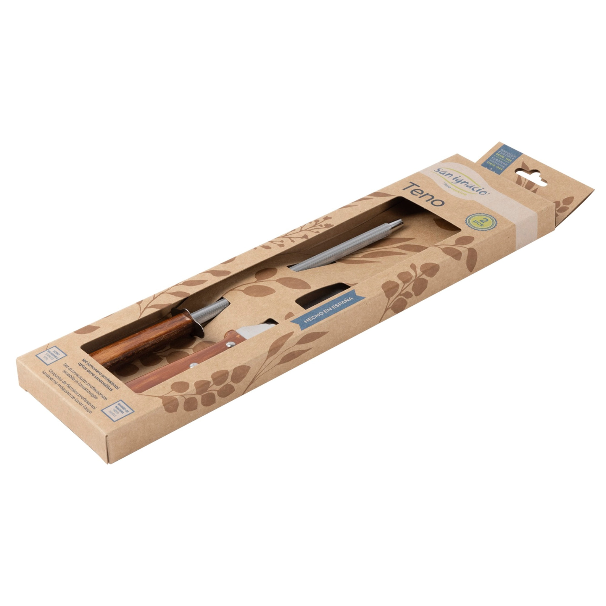 Set cuchillo jamonero + chaira hierro + madera prensada con mango san ignacio