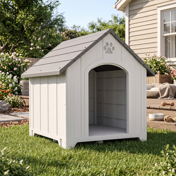 Niche chien plastique effet bois design chalet - 88 x 79 x 89 cm - gris clair gris foncé