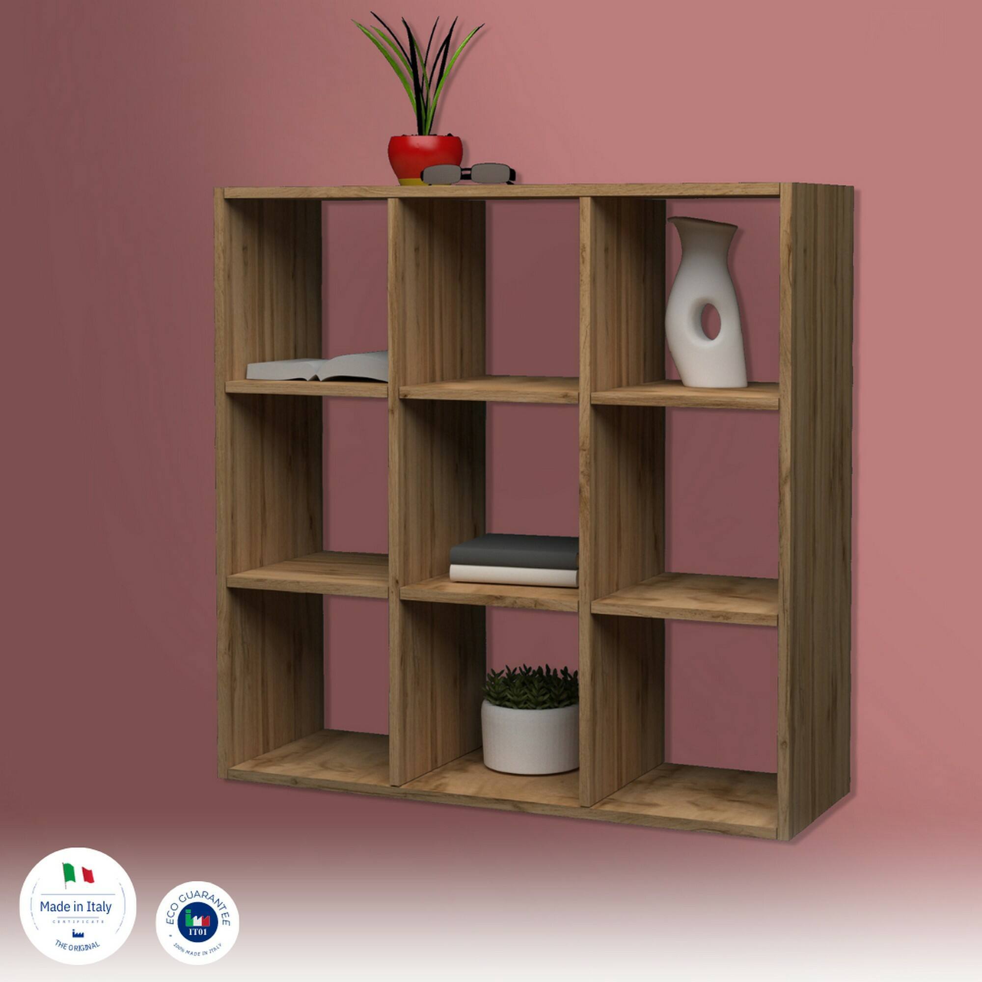 Libreria Rodrigo, Mobile con ripiani, Biblioteca da ufficio, 100% Made in Italy, Rovere, cm 90x25h90