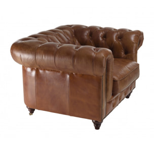 GASTON - Fauteuil marron CHESTERFIELD capitonné vintage 1 place cuir pieds bois