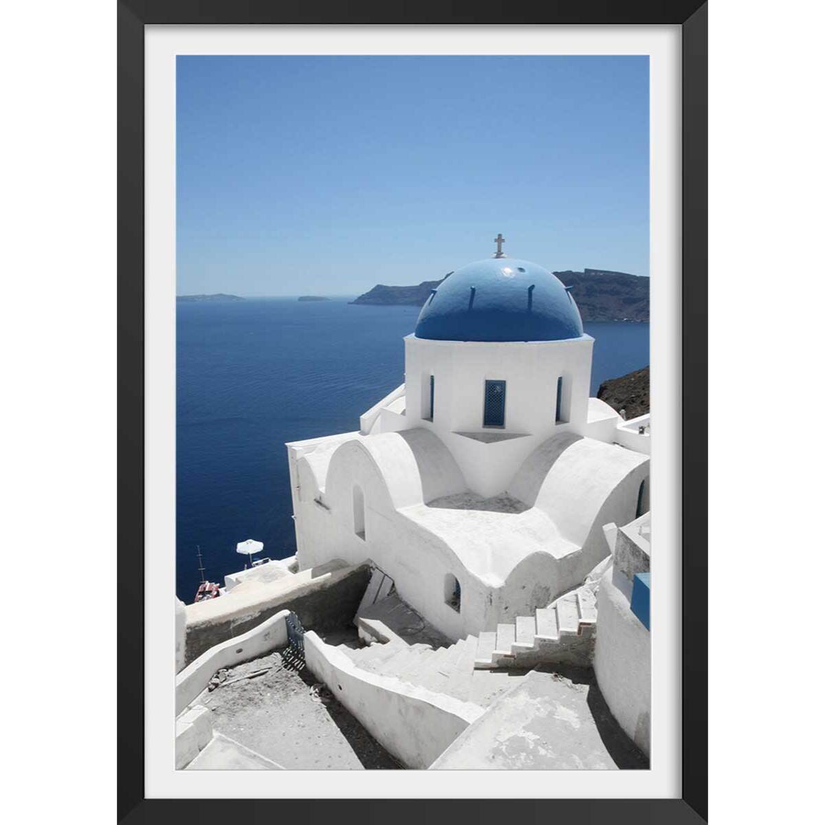 Poster dôme bleu santorin Affiche sous cadre noir