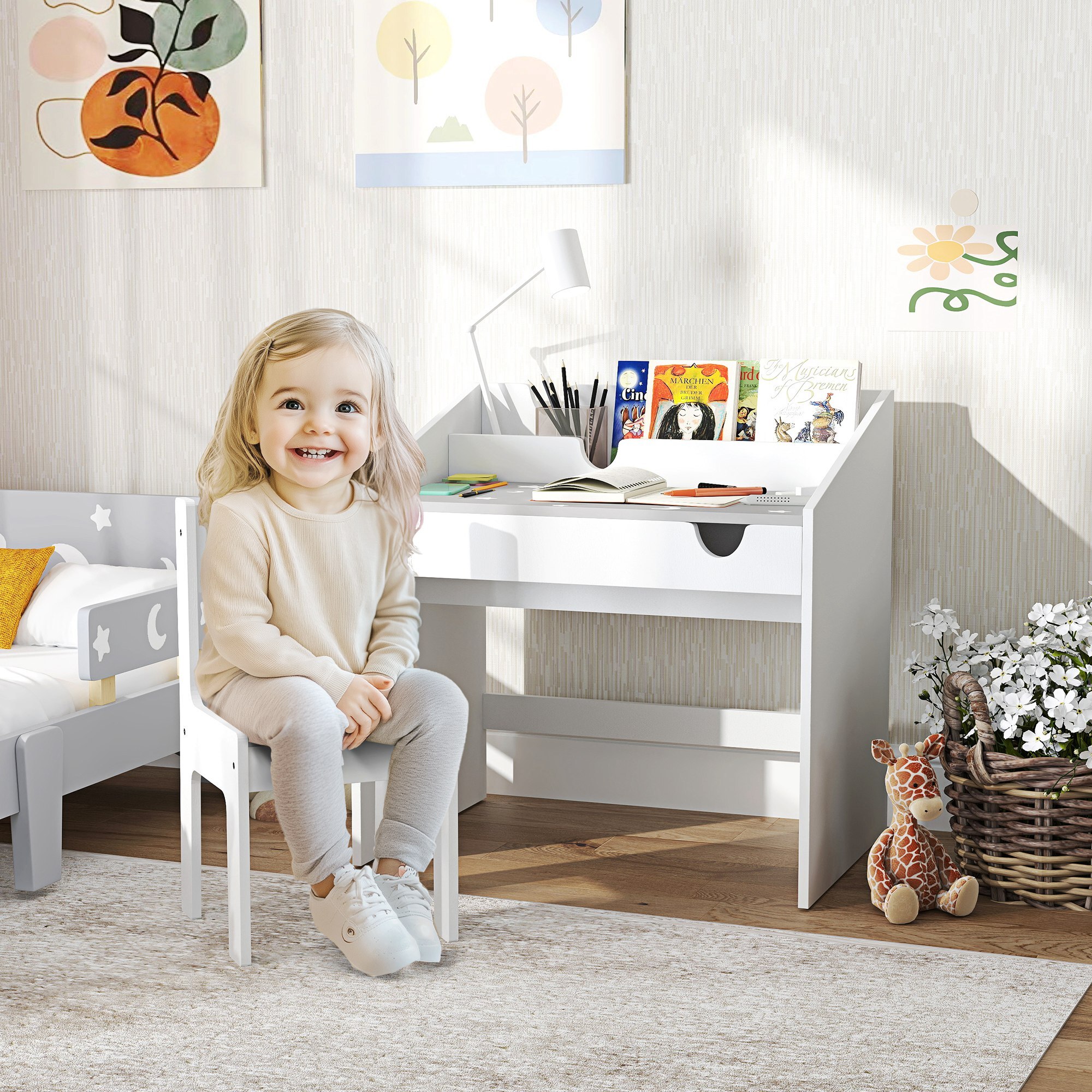 Juego de Escritorio y Silla para Niños de +3 Años Pupitre Infantil con Cajón Extraíble y Compartimento para Dormitorio Sala Estudio Gris y Blanco