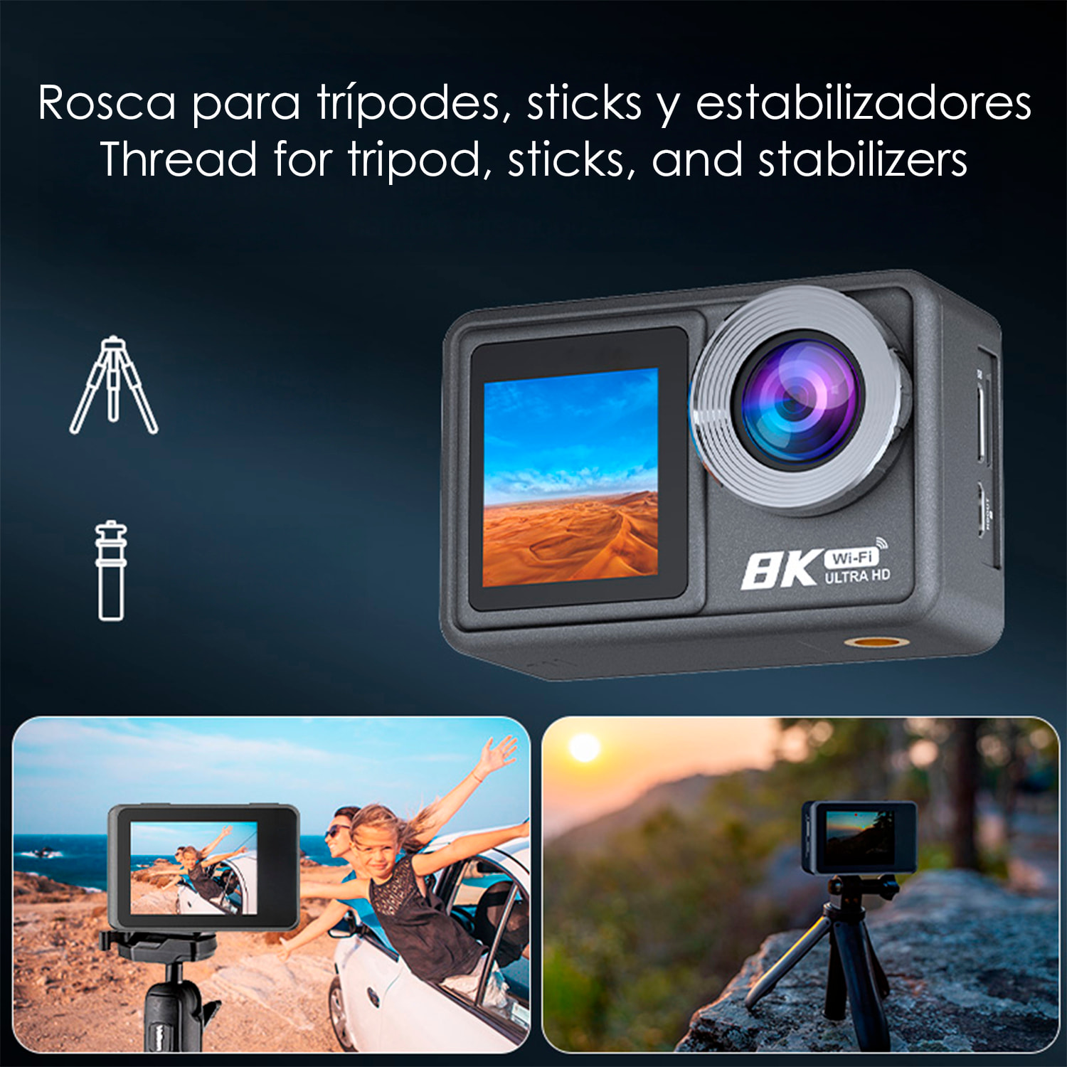 Cámara Deportiva M86 TR 8k 15fps con 50 mpx, doble pantalla de 2" y 1.3", estabilizador de imagen, multitud de accesorios y WIFI.