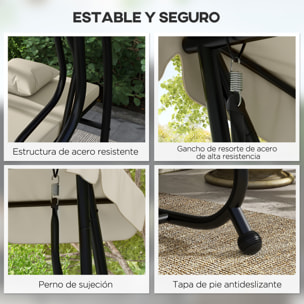 Balancín de Jardín Exterior de 3 Plazas Columpio de Jardín Exterior Convertible en Cama con Toldo Ajustable Soportes Laterales y 2 Almohadas Carga 340 kg 200x120x164 cm Crema