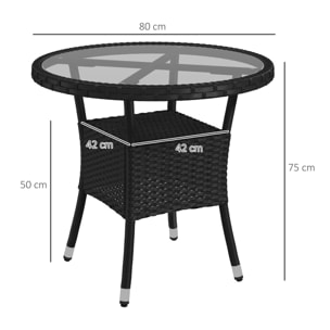 Table ronde de jardin résine tressée plateau verre trempé avec étagère noir