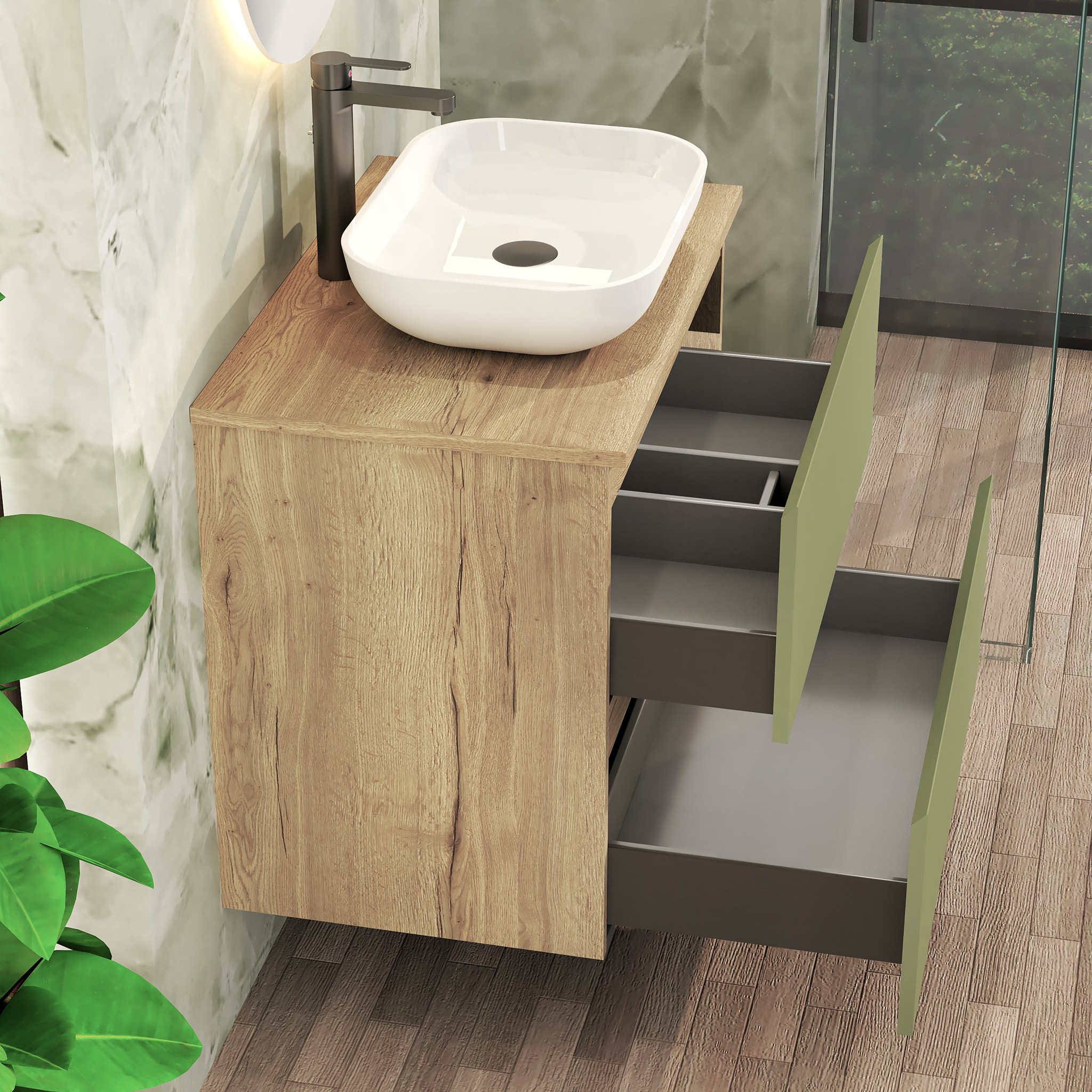 ENSEMBLE DE SALLE DE BAIN NIA | MEUBLE SUSPENDU | 70 CM VERT | DEUX TIROIRS |LAVABO SUR PLAN | MIROIR NON INCLUS | MEUBLE MONTÉ | ALDAY