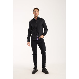 Camicia Uomo 2 Bottoni Button Down Slim Satin Unito Nero