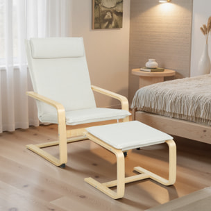 Sillón con Reposapiés Sillón Lectura con Respaldo Alto Reposacabezas Extraíble Patas de Madera y Tapizado en Lino Butaca para Salón Dormitorio Oficina Crema