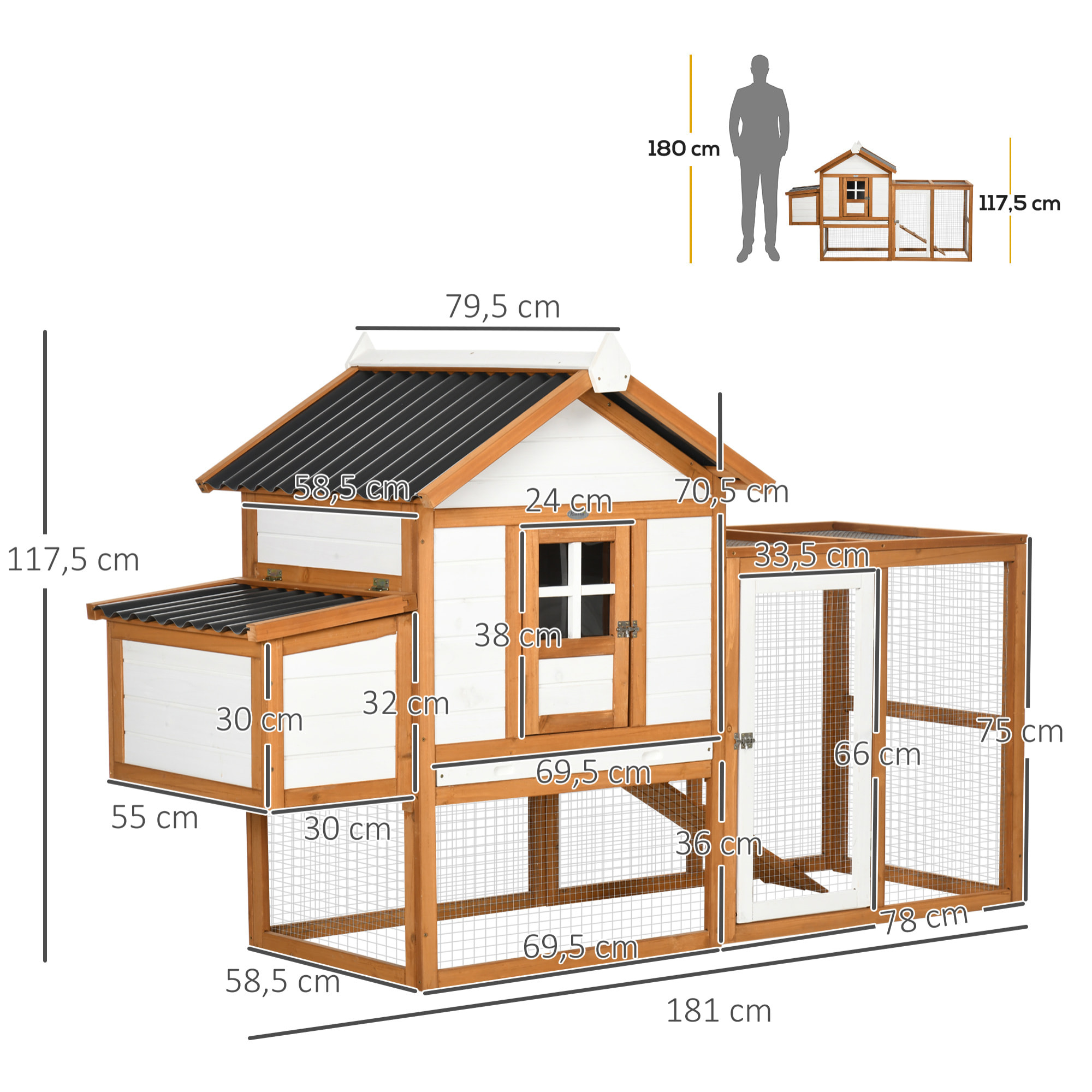 Gallinero de Madera para Exterior 181x79,5x117,5 cm Jaula para 2-4 Gallinas con Techo Resistente al Agua Corral de Metal 2 Perchas Nido Bandeja Extraíble y Rampa Natural