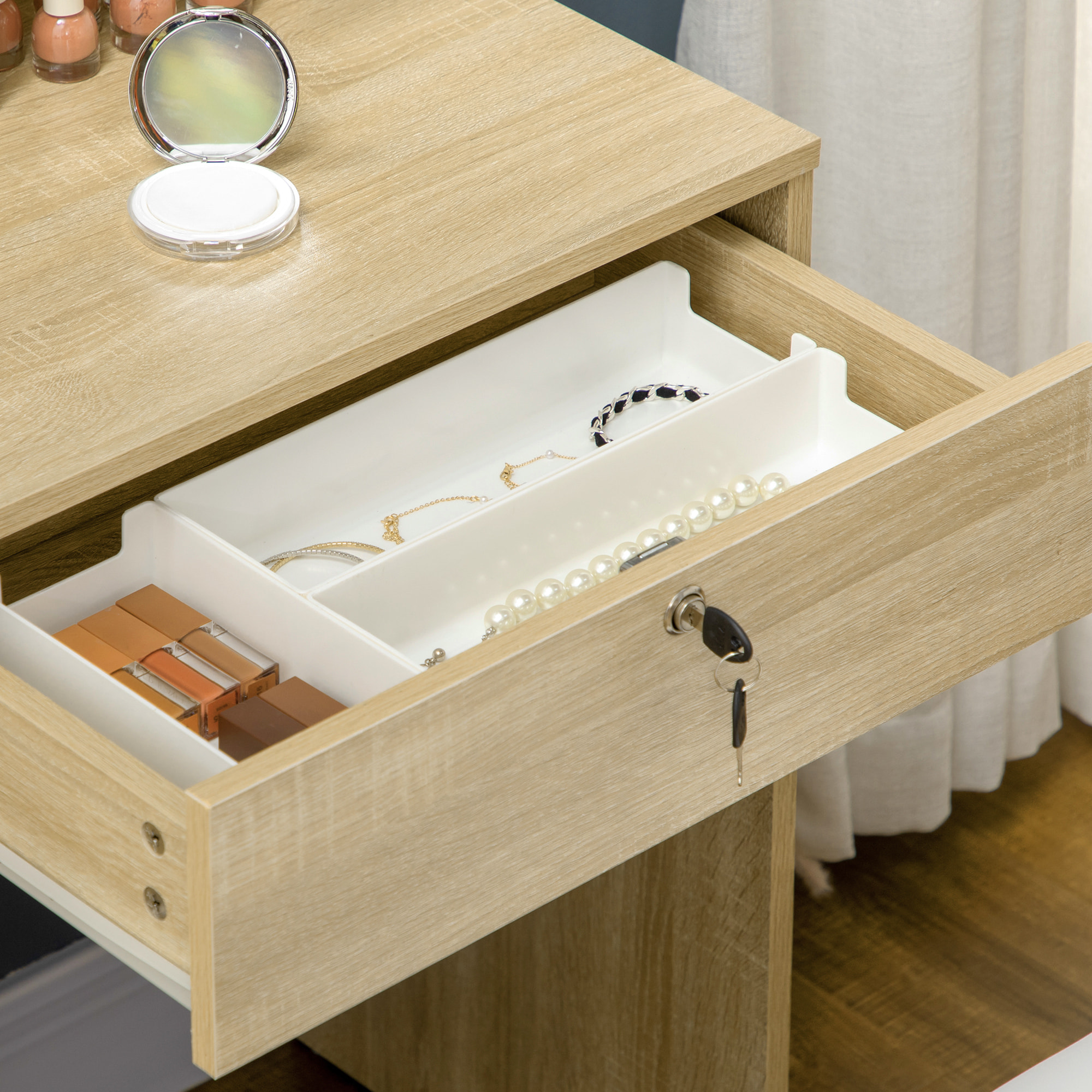 Tocador de Maquillaje con Taburete, Tocador con Espejo, 4 Cajones, Estantes, Compartimentos Abiertos, Estilo Moderno, para Dormitorio, Vestidor, 80x38x143 cm, Natural