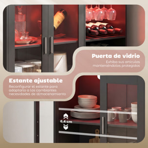 Mueble de Bar, Armario Buffet para Vinos con Luces LED RGB y Botellero para 12 Botellas, Aparador de Cocina con Estante Ajustable y Puertas de Cierre Suave, para Comedor, Salón, Negro