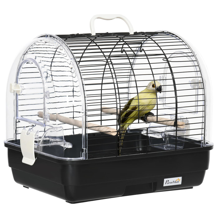 Cage à oiseaux portable 2 mangeoires 2 perchoirs 3 portes plateau excrément amovible poignée transport métal PS noir