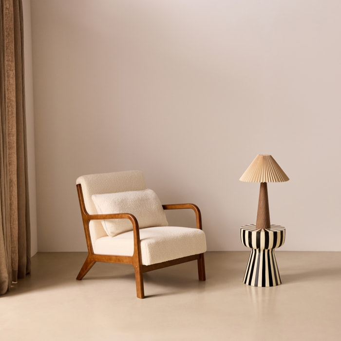 Fauteuil scandinave bois d'hévéa teinté noyer clair et bouclette LORENS