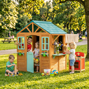 Casita Infantil Exterior e Interior de Madera, Casita Infantil con Barra de Snack, Maceteros, Pizarra, Ventanas, Tela para Tiro y 4 Pelotas, Casa de Jardín para Niños de 3-6 Años, Multicolor