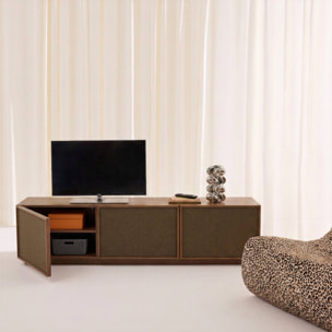 Meuble TV décor bois et tissu 3 portes 180cm KUBA