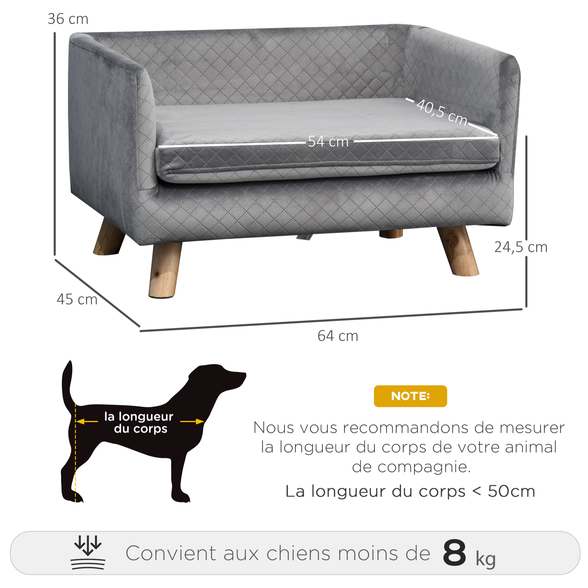 Canapé chien lit pour chien design scandinave coussin moelleux pieds bois massif dim. 64 x 45 x 36 cm velours gris