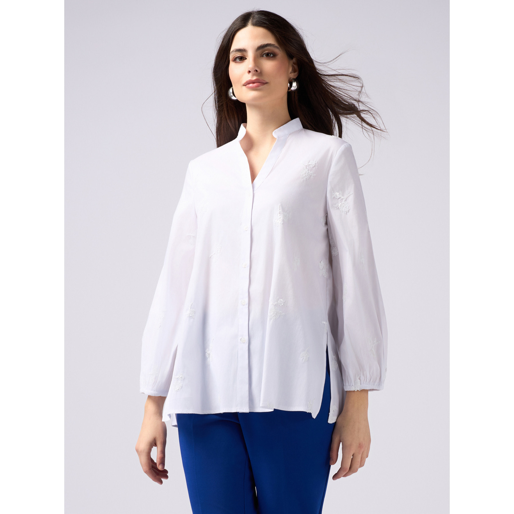 Oltre - Camisa de popelina con bordados florales - Blanco