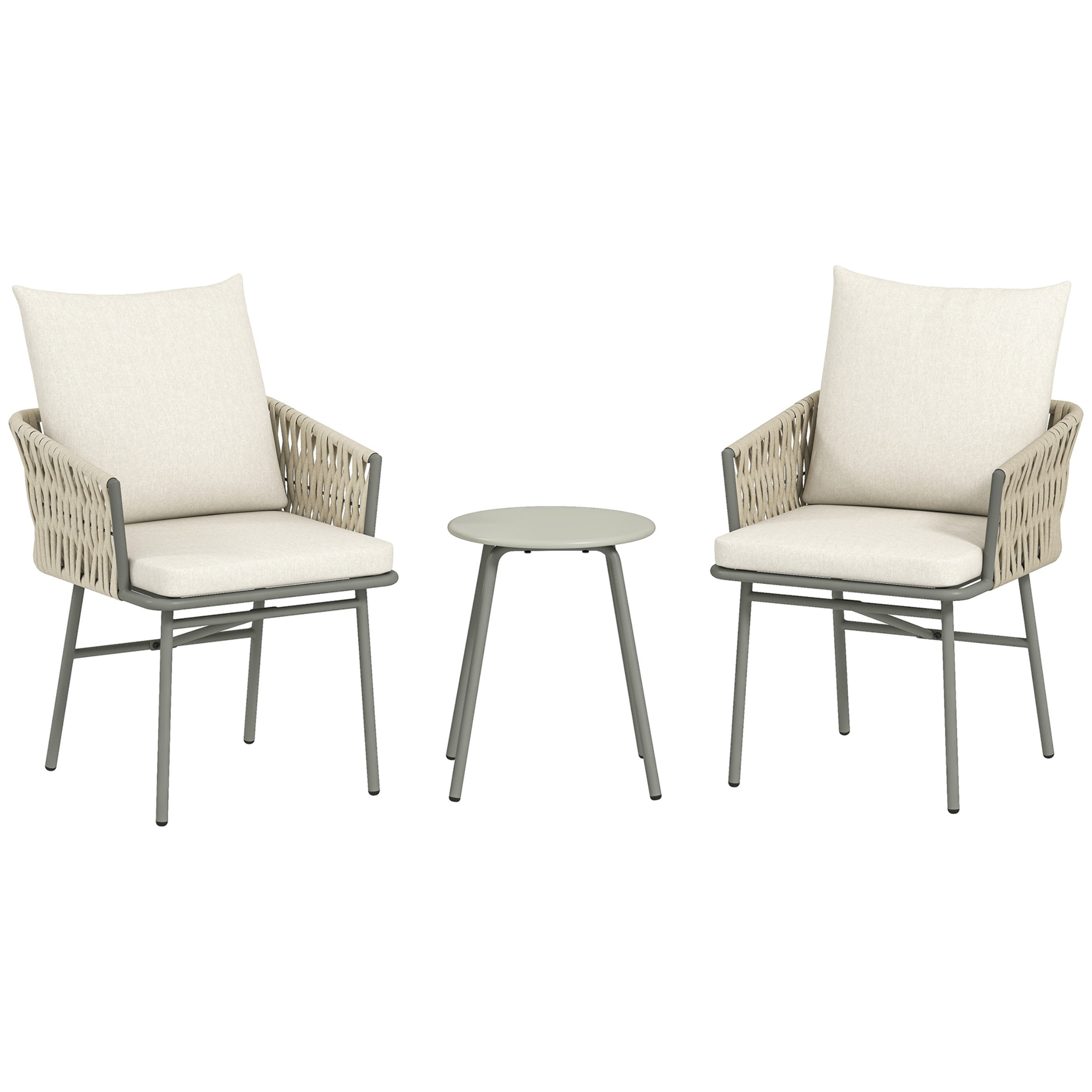Conjunto de Jardín Exterior de 3 Piezas Muebles de Jardín con 2 Sillas con Cojines Extraíbles Lavables y Mesa Terraza con Tablero de Metal Impermeable Anti-UV para Balcón Patio Gris y Crema