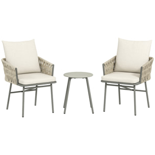 Conjunto de Jardín Exterior de 3 Piezas Muebles de Jardín con 2 Sillas con Cojines Extraíbles Lavables y Mesa Terraza con Tablero de Metal Impermeable Anti-UV para Balcón Patio Gris y Crema