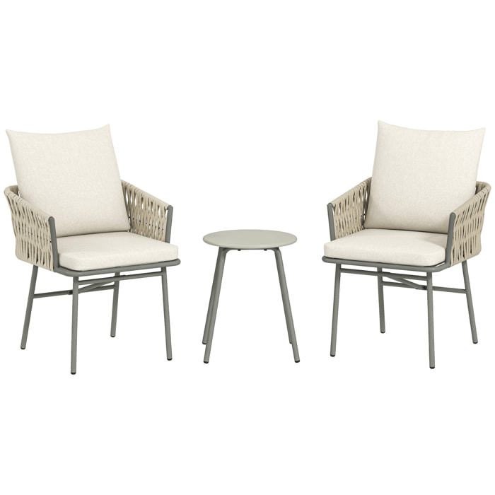 Conjunto de Jardín Exterior de 3 Piezas Muebles de Jardín con 2 Sillas con Cojines Extraíbles Lavables y Mesa Terraza con Tablero de Metal Impermeable Anti-UV para Balcón Patio Gris y Crema