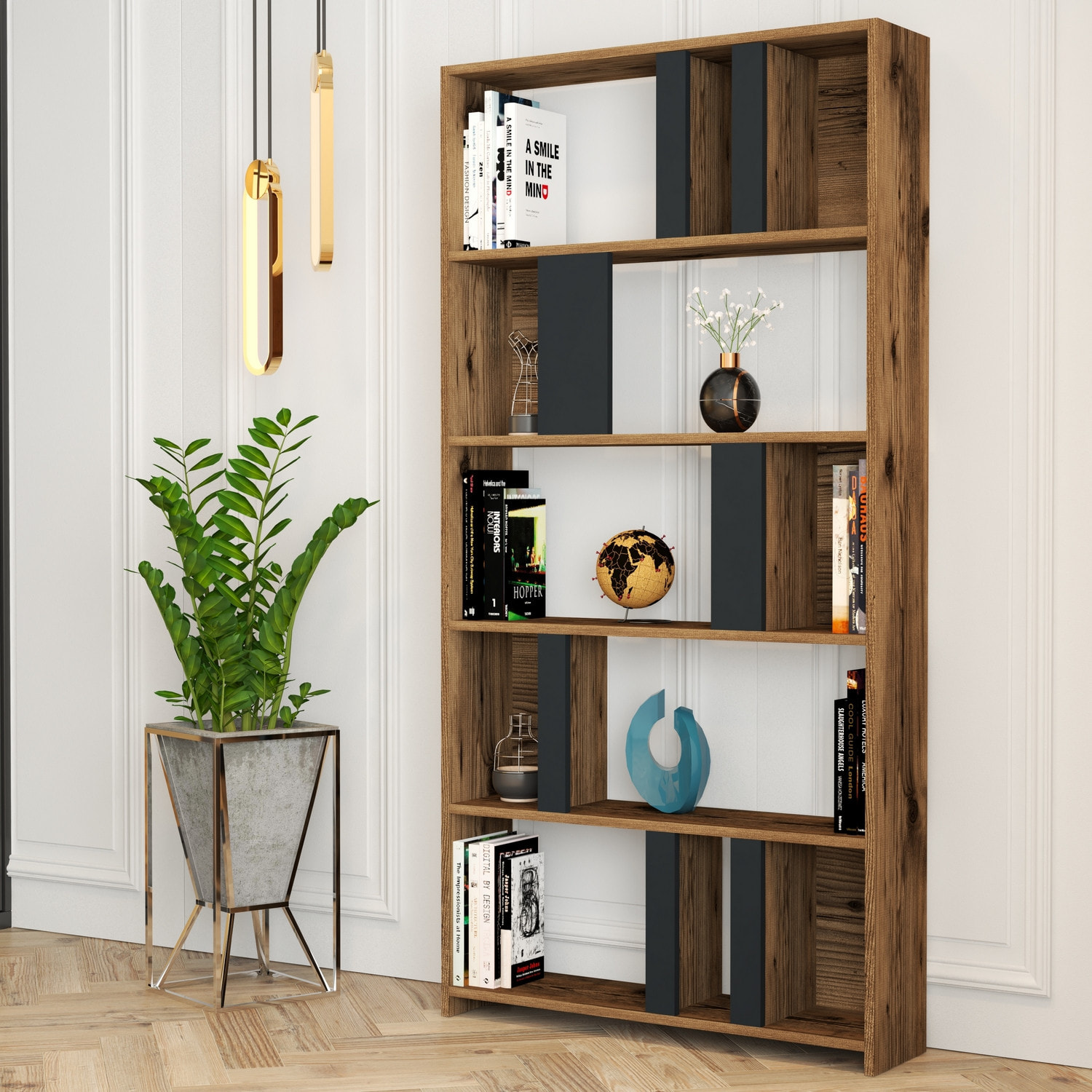 Bibliothèque 5 étagères effet bois noyer et gris anthracite SIERRA