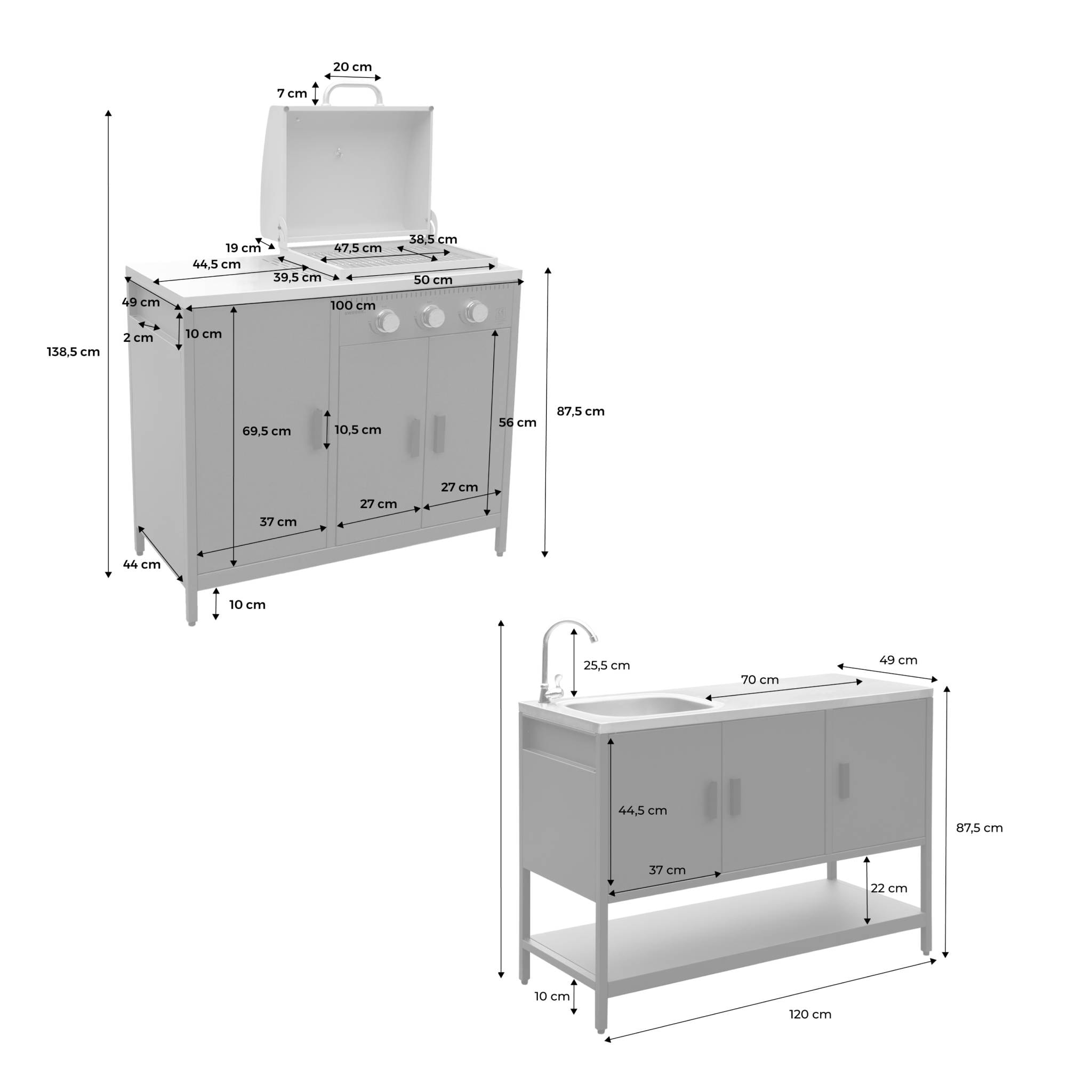 Cuisine d'extérieure 2 modules avec barbecue gaz 3 brûleurs sur pieds, thermomètre NAXOS BARBECUE GAZ + 1 MODULE