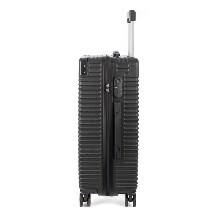 DAM Juego de 3 maletas Trolley, en material ligero ABS de alta resistencia con esquinas reforzadas. Cerradura numérica y 4 ruedas dobles extraíbles y giratorias 360°. 54x32x80 Cm. Color: Negro