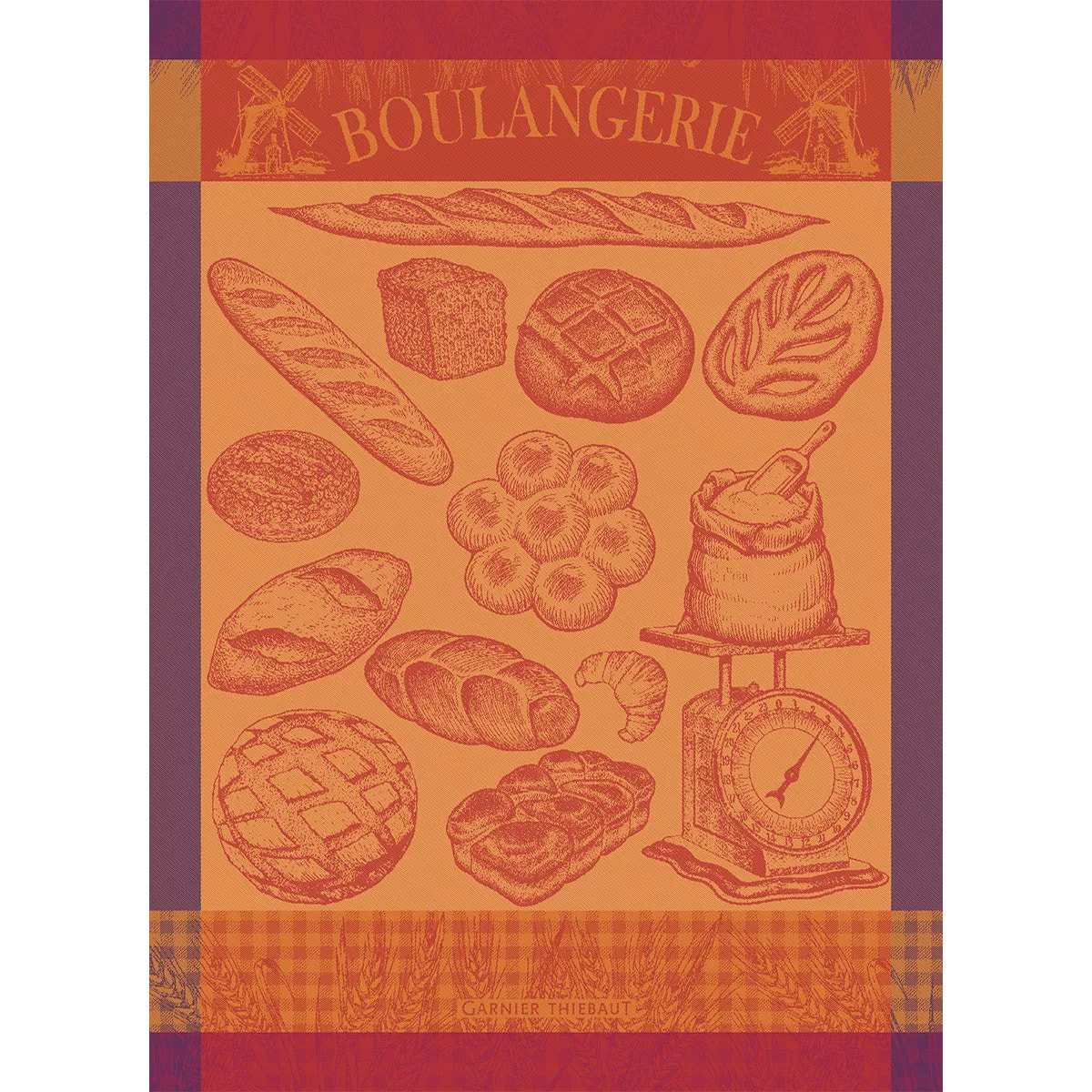 Torchon pur coton motif jacquard orange violet Boulangerie moulin ambre