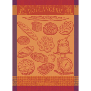 Torchon pur coton motif jacquard orange violet Boulangerie moulin ambre